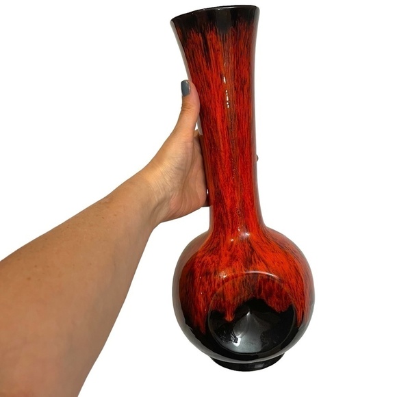 Vintage Red And Black Drip Pottery Vase - Picture 2 of 10